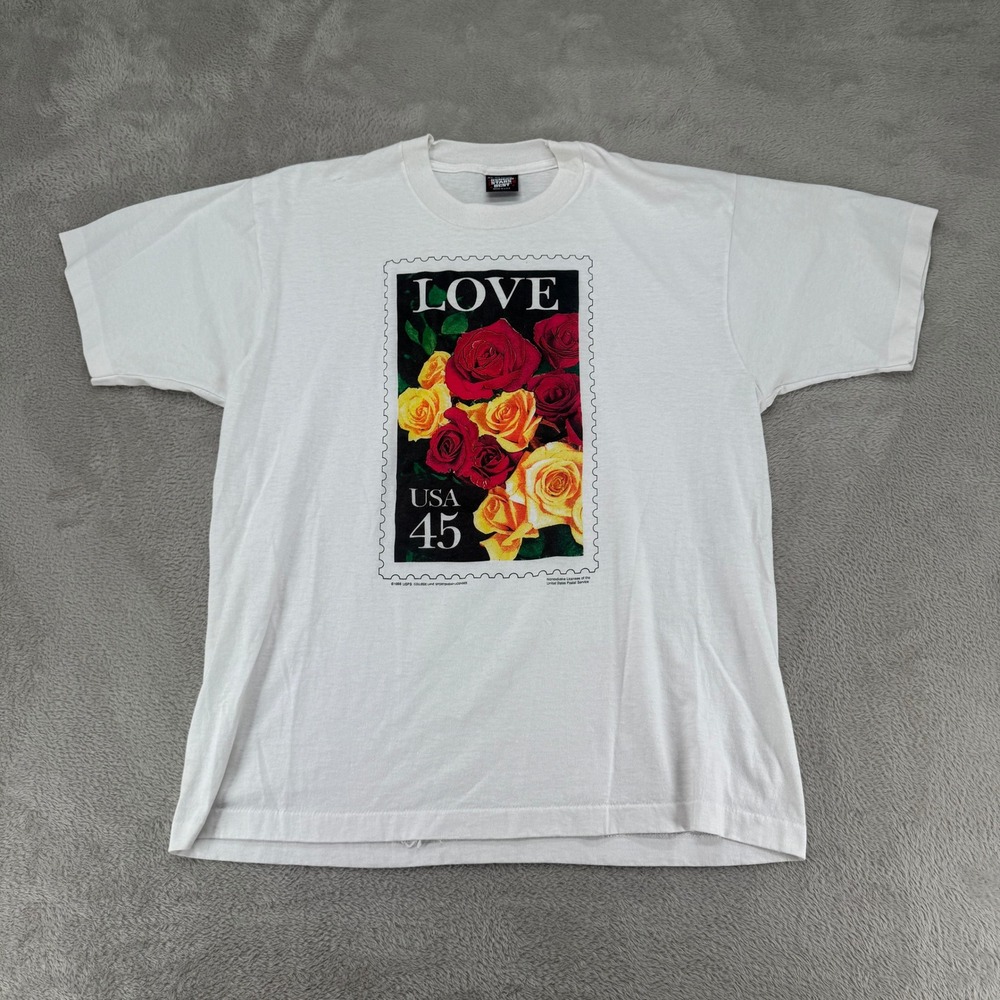 VTG Screen Stars 1988 USA 45 USPS‎ Love Stamp Rose Shirt Mens XL White Preowned